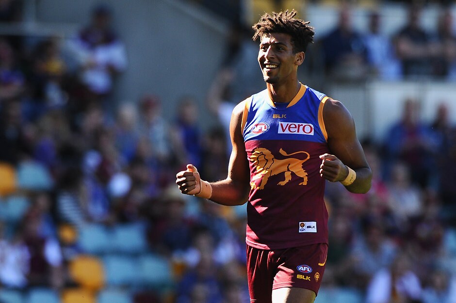 AFL 2016 Rd 21 - Brisbane v Carlton BRISBANE, AUSTRALIA - AUGUST 13: Archie Smith of the Lions celebrates kicking a goal during the 2016 AFL Round 21 match between the Brisbane Lions and the Carlton Blues at The Gabba on August 13, 2016 in Brisbane, Australia. (Photo by Matt Roberts/AFL Media)